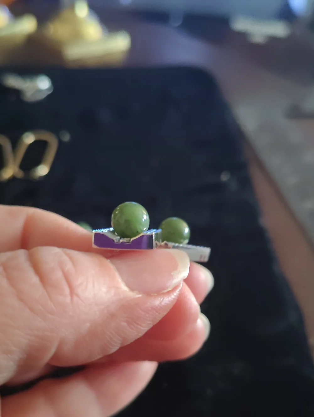 Silver Tone Tie Bar and Cufflink Set with Green Stone